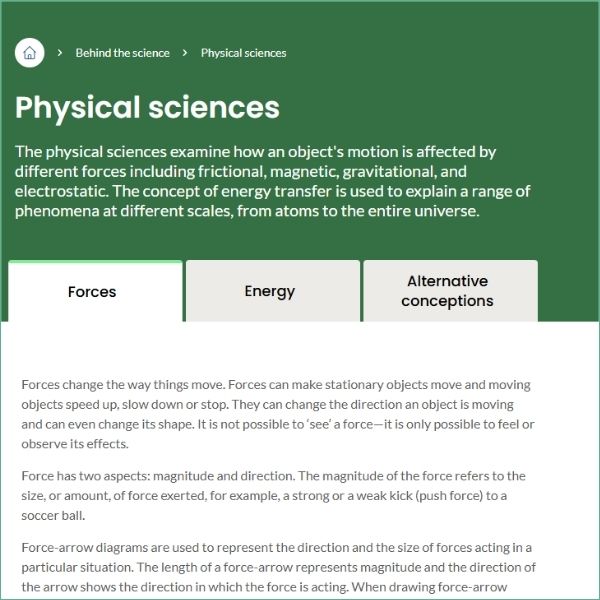 Screenshot of science content page