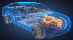 A see-through mock up of a car, showing its engine